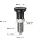 Pair Of Stainless Steel Push Fit Ball Nose Spring Plungers And M16x1.5 Return Knobs showing dimensions and threading details.