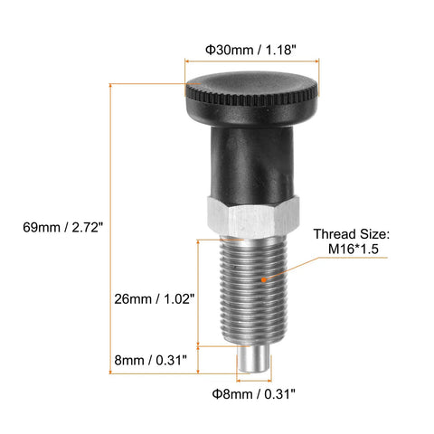 Pair Of Stainless Steel Push Fit Ball Nose Spring Plungers And M16x1.5 Return Knobs showing dimensions and threading details.