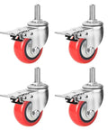 Heavy Duty Swivel Caster Wheels With M Threaded Stem And Double Locking Brake, red PU wheels, set of four