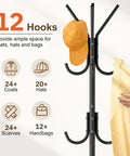 Heavy Duty Freestanding Coat Rack With Stable Wood Base And Metal Frame, 12 Hooks For Jackets Hats Bags illustration