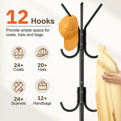 Heavy Duty Freestanding Coat Rack With Stable Wood Base And Metal Frame, 12 Hooks For Jackets Hats Bags illustration