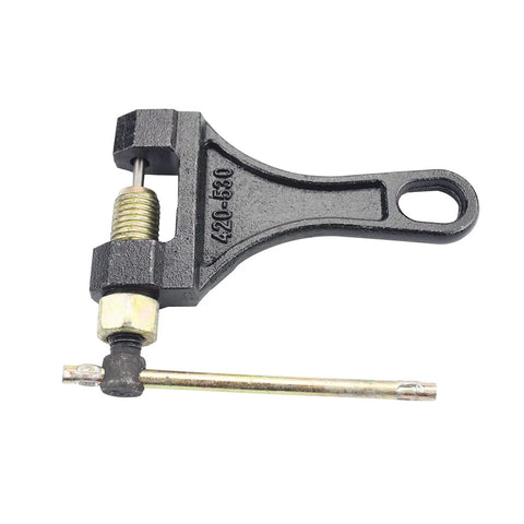 Black chain breaker tool for 420–530 roller chains with screw clamp and pin.