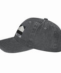 Black And White Piano Grid Print Denim Baseball Cap With Adjustable Metal Buckle Unisex Cotton Snapback Hat side view showing curved brim and graphic design.