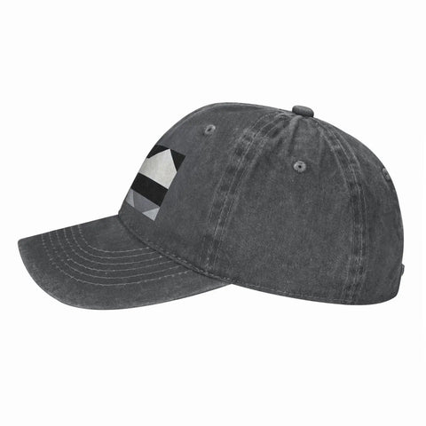 Black And White Piano Grid Print Denim Baseball Cap With Adjustable Metal Buckle Unisex Cotton Snapback Hat side view showing curved brim and graphic design.