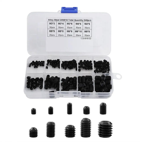Pro Grade Heavy Duty Socket Screw Kit With 240 Piece Alloy Steel Grub And Wood Screw Set For M3 To M8 In A Durable Black Box