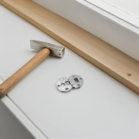 4 Pack 90 Degree Adjustable Inset Concealed Flush Cabinet Hinges With Premium Silver Finish next to wooden tools on table