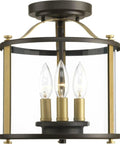 Three-Light Bronze Outdoor Semi-Flush Convertible Fixture With Squire Style, Cylindrical Clear Glass, Bronze and Brass Finish