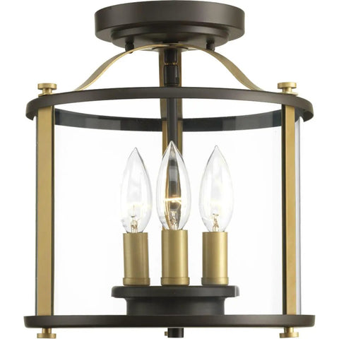 Three-Light Bronze Outdoor Semi-Flush Convertible Fixture With Squire Style, Cylindrical Clear Glass, Bronze and Brass Finish