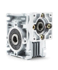 Beefed-Up NMRV 030 Worm Gear Reducer For NEMA 23 Motors 30 To 1 Reduction, metal gears, front and side view, silver finish