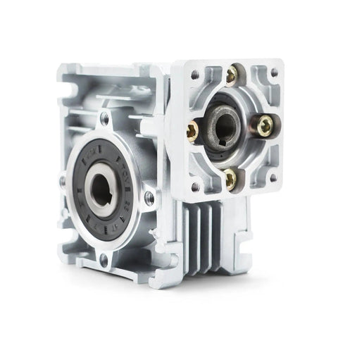 Beefed-Up NMRV 030 Worm Gear Reducer For NEMA 23 Motors 30 To 1 Reduction, metal gears, front and side view, silver finish