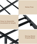 Stylish Twin Bed Frame With Rustic Wood Headboard, Heavy Duty Metal Platform Base Gives Dream Sleep Vibes, Smart 10.5 In Under Bed Storage Clearance, Skip The Box Spring For Chill Zero Hassle Assembly, Black Bedroom Upgrade, close-up of strong metal frame and assembly details.