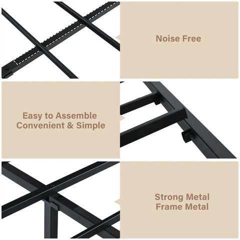 Stylish Twin Bed Frame With Rustic Wood Headboard, Heavy Duty Metal Platform Base Gives Dream Sleep Vibes, Smart 10.5 In Under Bed Storage Clearance, Skip The Box Spring For Chill Zero Hassle Assembly, Black Bedroom Upgrade, close-up of strong metal frame and assembly details.