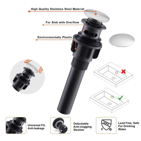 Diagram of pop up drain assembly with features for Chrome Bathroom Sink Faucet With Single Handle And Single Hole Install