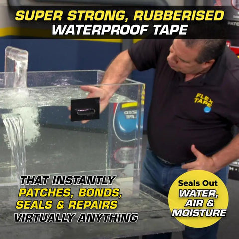 Man applying Heavy Duty Rubberized Waterproof Tape Black 4 Inch By 25 Foot For Leaks And Patches Indoors Or Outdoors on leak