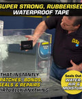Demonstration of Max Thick Rubberized Waterproof Tape for Leaks Patch Up and Seal Like a Boss on water tank.
