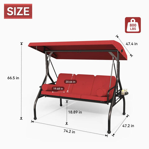 Three Seat Outdoor Porch Swing With Adjustable Canopy And Convertible Two In One Chair Patio Glider With Thick Cushions And Pillows