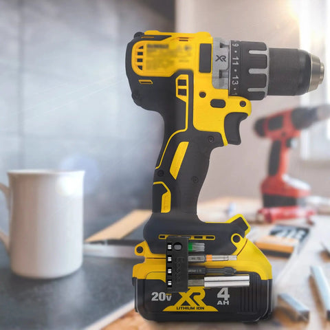 Cordless drill with Magnetic One Quarter Inch Hex Bit Holder For Cordless Drills With Four Strong Magnets Quick Access Drill Bit Holster Organizer on side.
