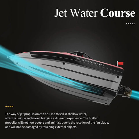 High Speed RC Jet Boat With 2.4GHz Remote Control For Teens And Adults, side view showing sleek hull and jet propulsion.