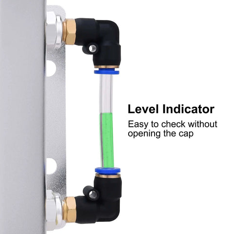 Heck Yes Solid Upgrade Aluminum Radiator Coolant Overflow Tank With Universal Recovery Reservoir showing level indicator and hose.