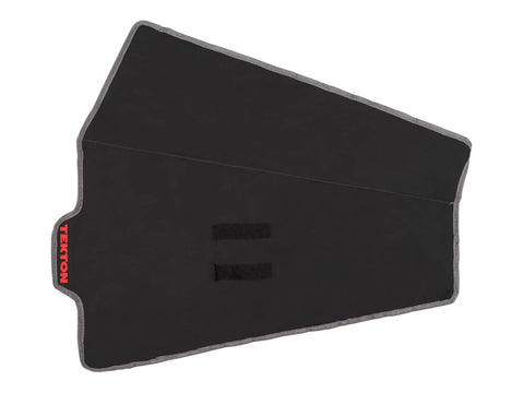 Ratcheting Combination Wrench Set With Roll Up Pouch, Thirteen Piece pouch, open and empty, showing black fabric with Velcro straps