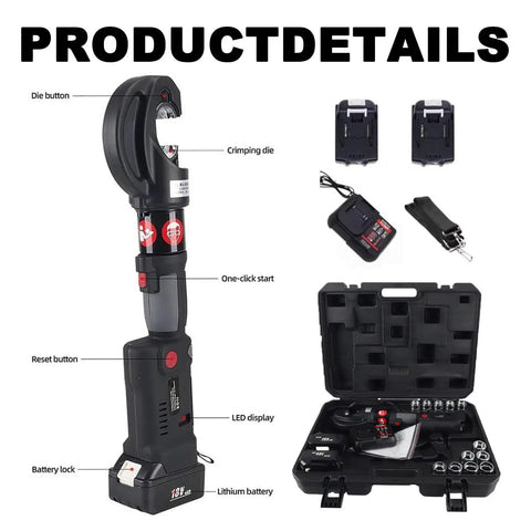 Heavy Duty Electric Hydraulic Wire Crimper With Twelve Pairs Dies And Portable Design For 16 To 400mm2 Cables Featuring quick crimping action, LED display, and battery.