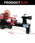 Top Shelf Benchtop Wood Lathe Pumping Solid Power Inside A Roomy Base with dimensions marked 25x12.79x5.12 inches.
