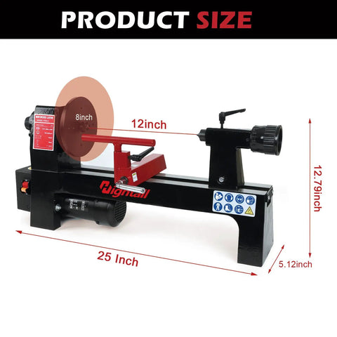 Top Shelf Benchtop Wood Lathe Pumping Solid Power Inside A Roomy Base with dimensions marked 25x12.79x5.12 inches.