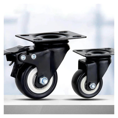 Close-up of Beefy Heavy Duty Caster Wheels With Brakes 4 Pack Rubber Wheel Stem Casters showing swivel and brake mechanism.