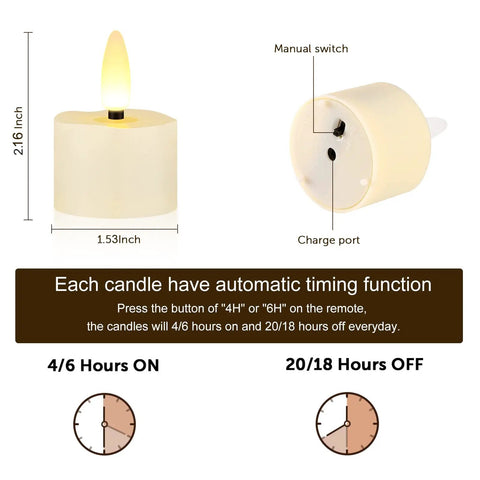 12 Pack Rechargeable Flameless Tea Lights With Remote Timer, 3D Wick, USB Charging Cables, Battery Operated LED Candles detail