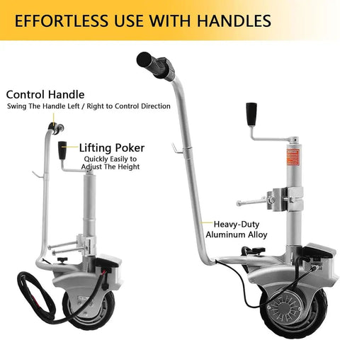 Super Heavy Duty Electric Trailer Mover With Massive 350W Motor And Fat Wheels For Easy Hitching, showing handles and lifting poker for convenience.