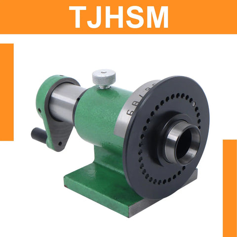 Precision Spin Indexing Fixture With 5C Collet Lathe Mount showing green body and black dial for accuracy in metalworking.