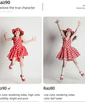 Child in a red polka dot dress jumping, demonstrating lighting effects with Ra≥90 for true color and Ra≥80 for dull colors.