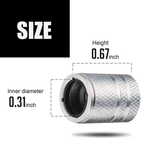 Rugged Valve Stem Caps 5 Pack No Fuss Metal Shell With Plastic Liner Corrosion Resistant And Leak Proof Universal Schrader Fit For Cars Trucks Motorcycles And Bikes Silver showing size dimensions.