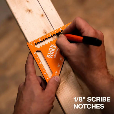 Person using 4-1/2 Inch Aluminum Trim Square With Dual Reference Base And Laser-Etched Markings For Rafter And Carpenter Work on wood