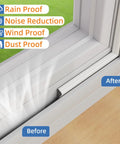 Kneelisa wedge-shaped window weather-stripping seal on white bottom window frame; before/after comparison.