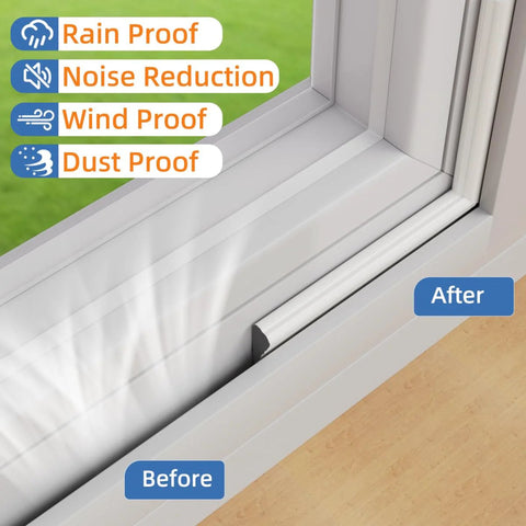 Kneelisa wedge-shaped window weather-stripping seal on white bottom window frame; before/after comparison.