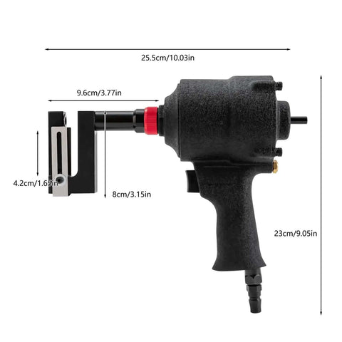 8mm Pneumatic Hole Puncher for Metal Sheets, black gun-like design with dimensions labeled, heavy duty air tool for punching doors and windows