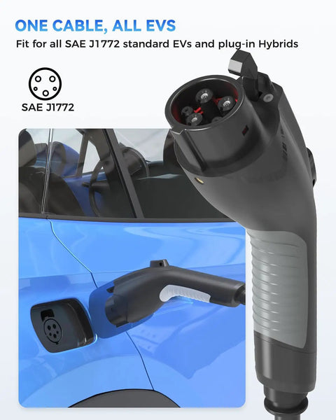 Heavy Duty 21Feet J1772 EV Charger Extension Cord 32 Amp SAE J1772 Extension Cable close-up and connected to blue EV