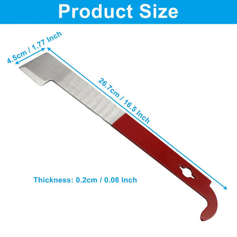 2 Pack Stainless Steel Bee Hive Scraper Tool Set, 10.5 Inch J Hook Frame Lifter Beekeeping Gear, dimensions displayed