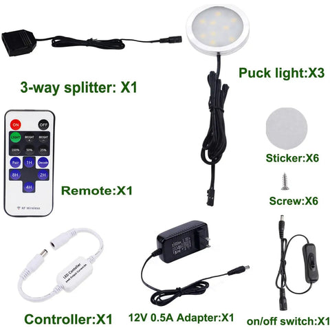 Dimmable Under Cabinet LED Puck Lights Kit With RF Remote For Your Home Kitchen Counter Lighting 3 Lamps, accessories shown.