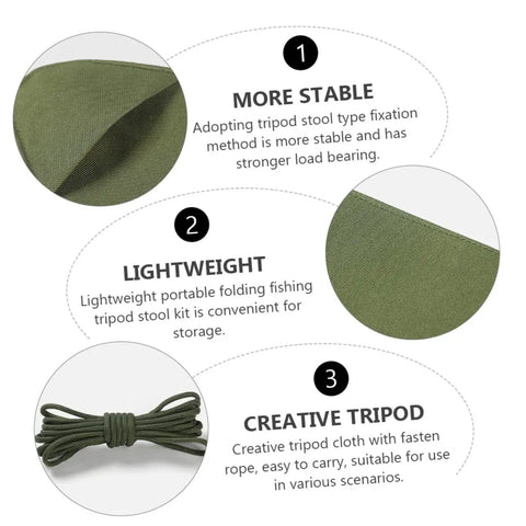 Nylon Outdoor Tripod Stool Portable Camping Chair Kit fabric detail, rope, and stability features illustration