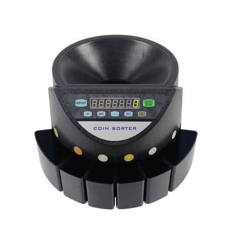 No Sweat Cash Counting Station With Three Digit Led Coin Sorter And Euro Compatible Bill Scanner for efficient coin sorting.