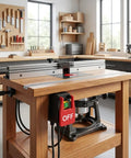 110V 16A Table Saw Emergency Stop Paddle Switch installed on a woodworking router table with tools in the background