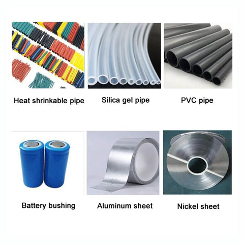 Image of various wire materials including heat shrinkable pipe, silica gel pipe, PVC pipe, battery bushing, aluminum sheet, and nickel sheet for wiring projects.