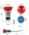 Diagram of Estop Button Latching 19mm Emergency Stop Switch 5A Mushroom 304 Stainless Steel with dimensions and wiring socket