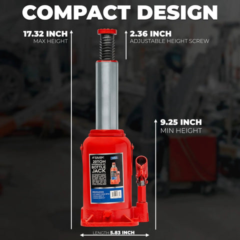 Front view of XtremepowerUS 20-ton hydraulic bottle jack with red base and silver lifting piston