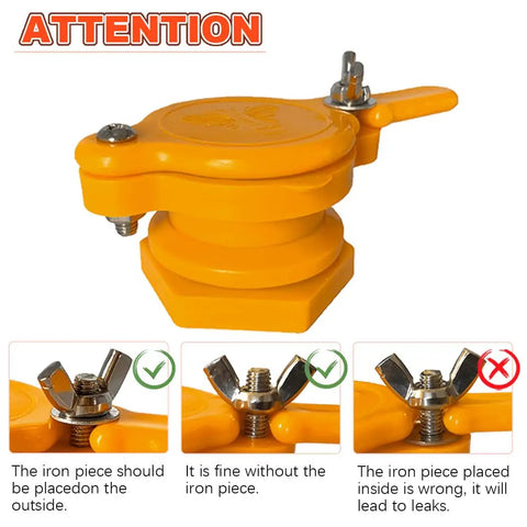 Close-up of 2 Pack Honey Gate Valve For 5 Gallon Buckets Durable Nylon Tap For Extractor with instructions on stainless wing nut placement.