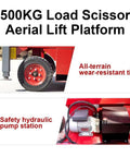Heavy Duty Walk Behind Scissor Lift Hydraulic Aerial Work Platform Handles Loads Up To Eleven Hundred Pounds close-up of wear-resistant tire and hydraulic pump station.