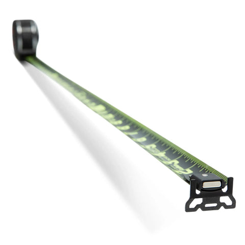 Shockforce G2 25 Foot Nite Eye Magnetic Tape Measure with thick blade, matte black finish, green markings, magnetic end hook.