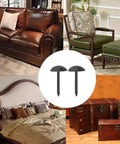 200 Piece Antique Black Dome Upholstery Tacks and Vintage Thumb Nails For Sofa Furniture Restoration Plus Compact Storage Case displayed with furniture.